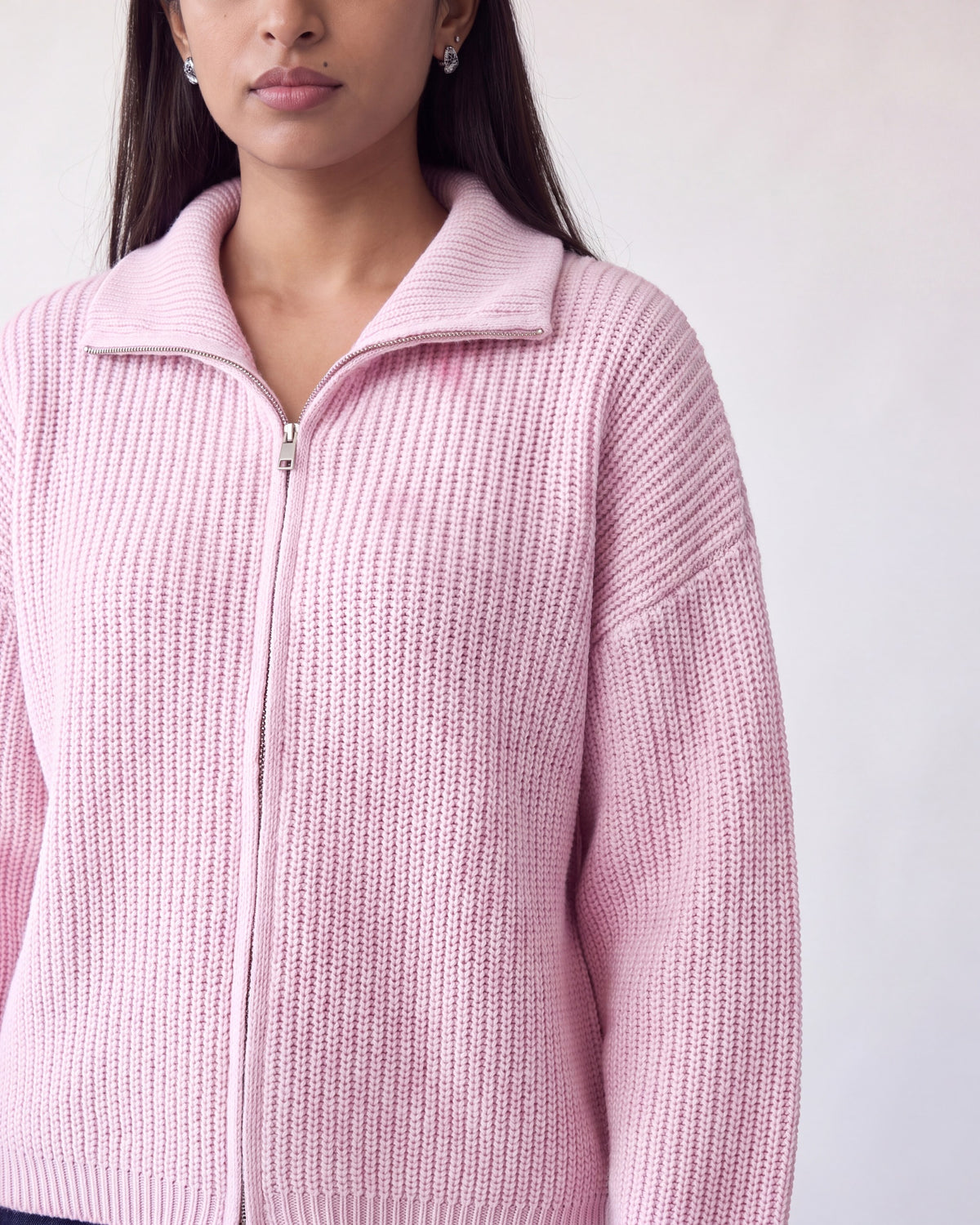 Chunky rib zip-through cardigan – Pink – detail