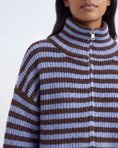 Chunky rib zip-through cardigan – Blue Stripe – detail