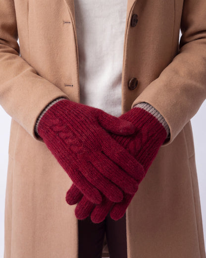 Cashmere cable knit ribbed gloves – Red – detail