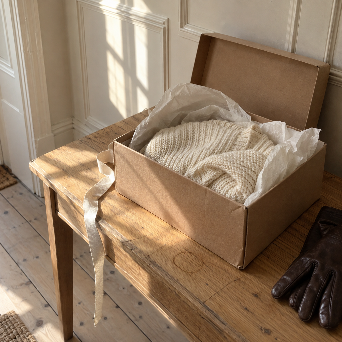 Cream knitted jumper folded in an open delivery box on a wooden table