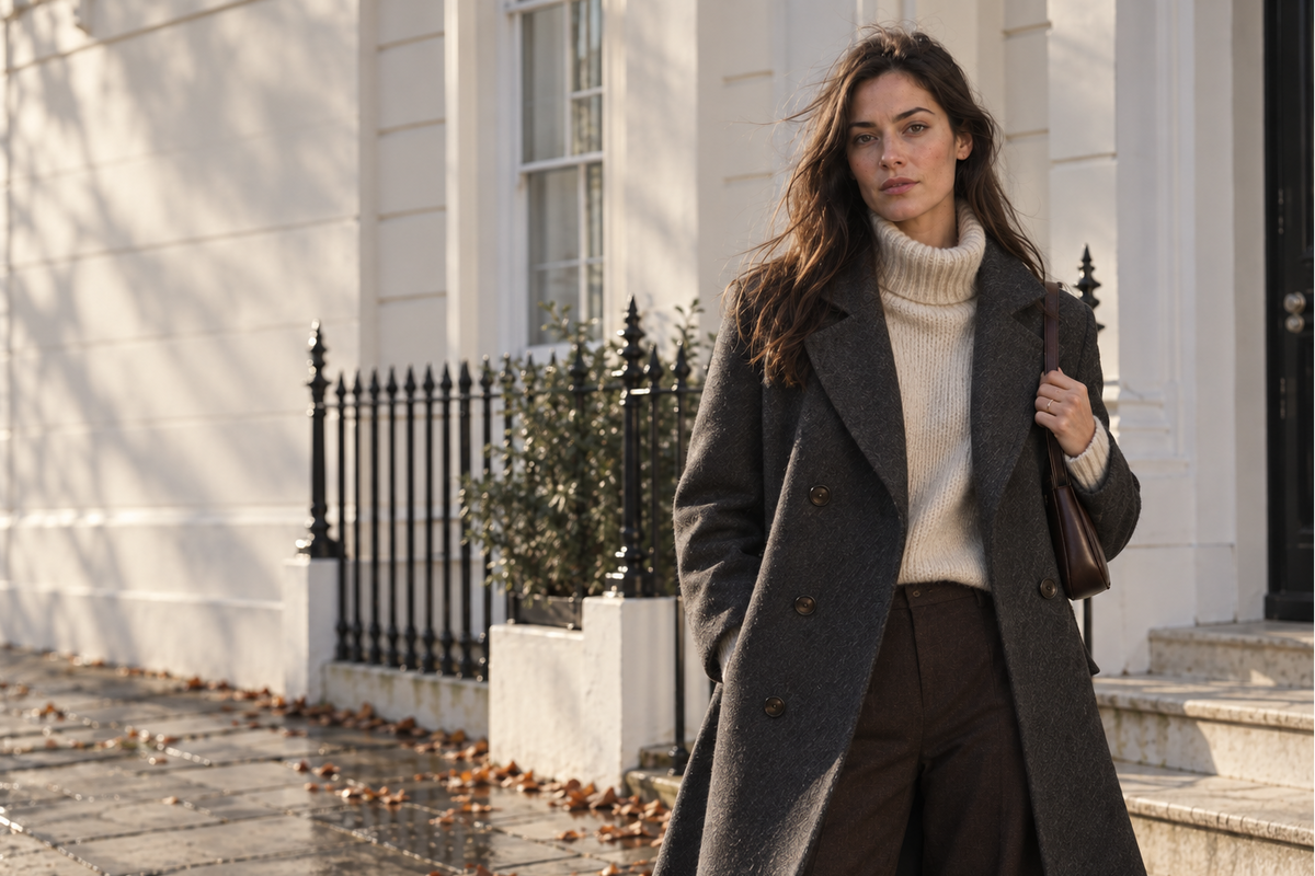 Woman in a grey wool coat and cream roll neck on a London street on a sunny autumn morning