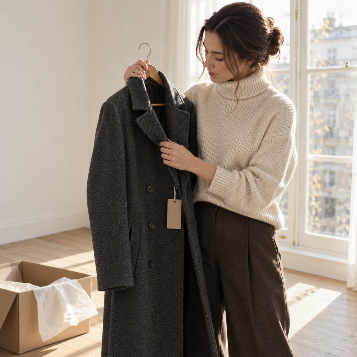 Woman at home looking at a grey wool coat on a hanger beside an open delivery box