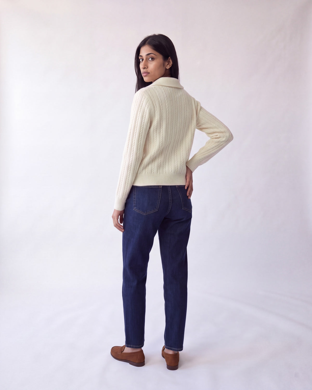 Cable knit jumper with half zip – Cream – full body back