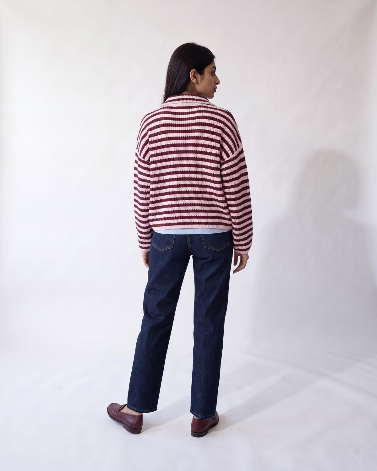 Chunky rib zip-through cardigan – Burgundy Stripe – full body back