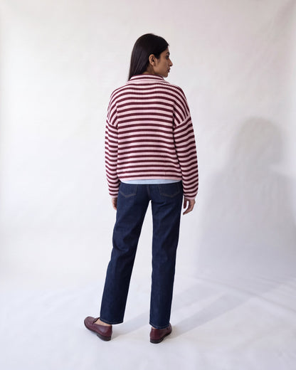 Chunky rib zip-through cardigan – Burgundy Stripe – full body back