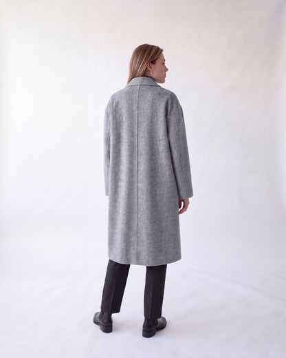 Double-breasted long wool coat – Grey – full body back