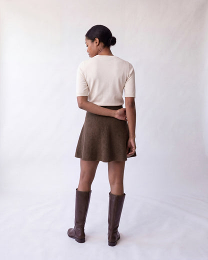 Knitted wool A-line mini skirt – Brown – full body back