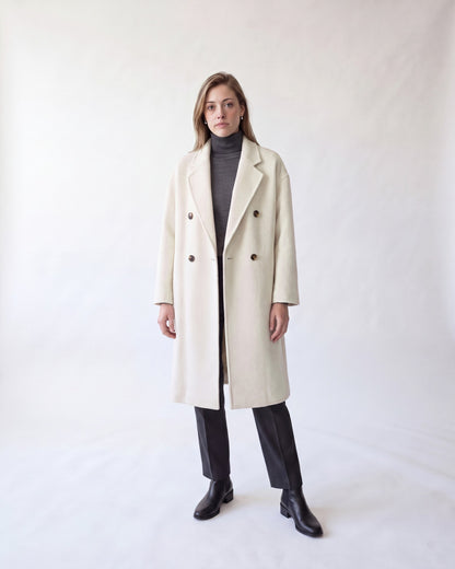 Double-breasted long wool coat – Cream – full body front