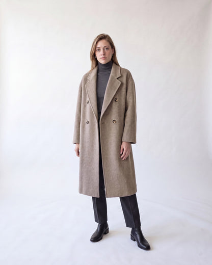 Double-breasted long wool coat – Taupe – full body front
