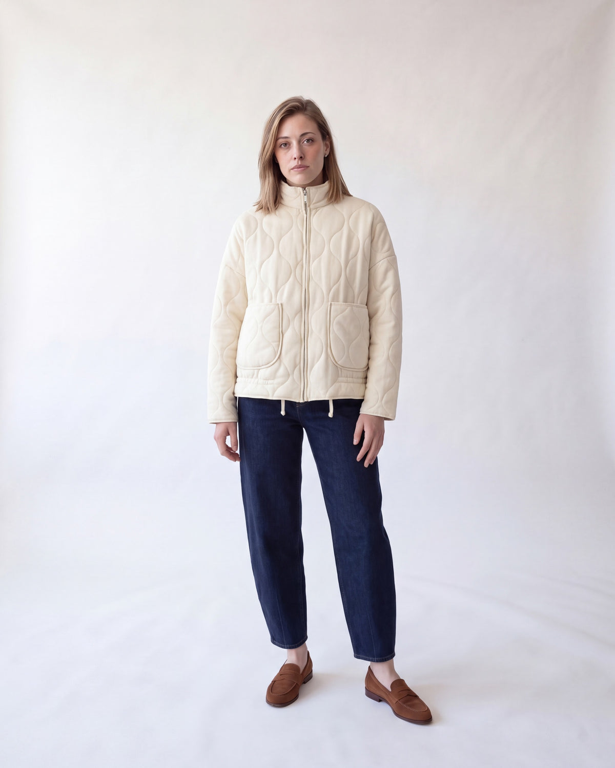 Quilted jacket with stand collar – Cream – full body front