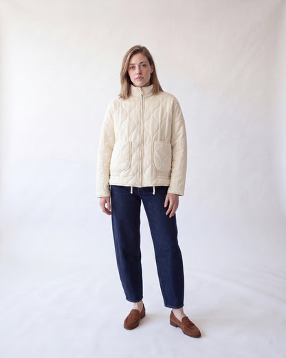 Quilted jacket with stand collar – Cream – full body front