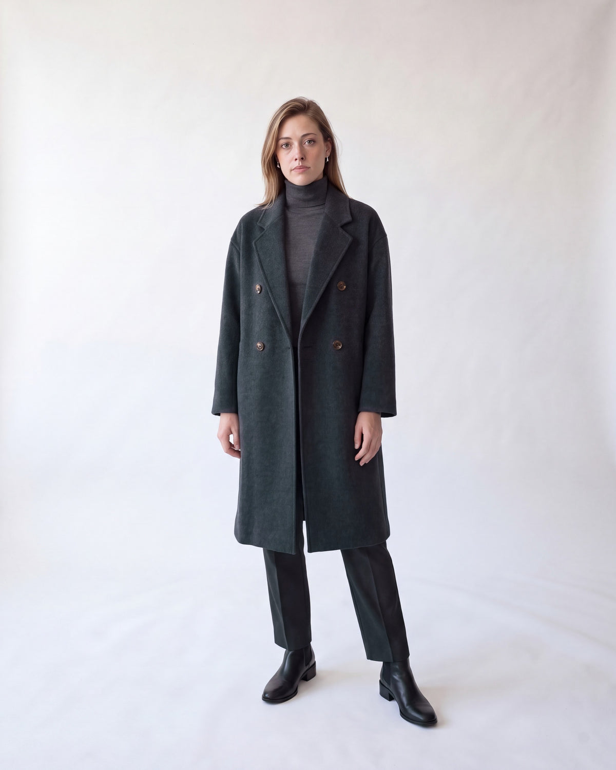 Double-breasted long wool coat – Charcoal – full body front