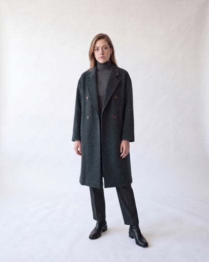 Double-breasted long wool coat – Charcoal – full body front