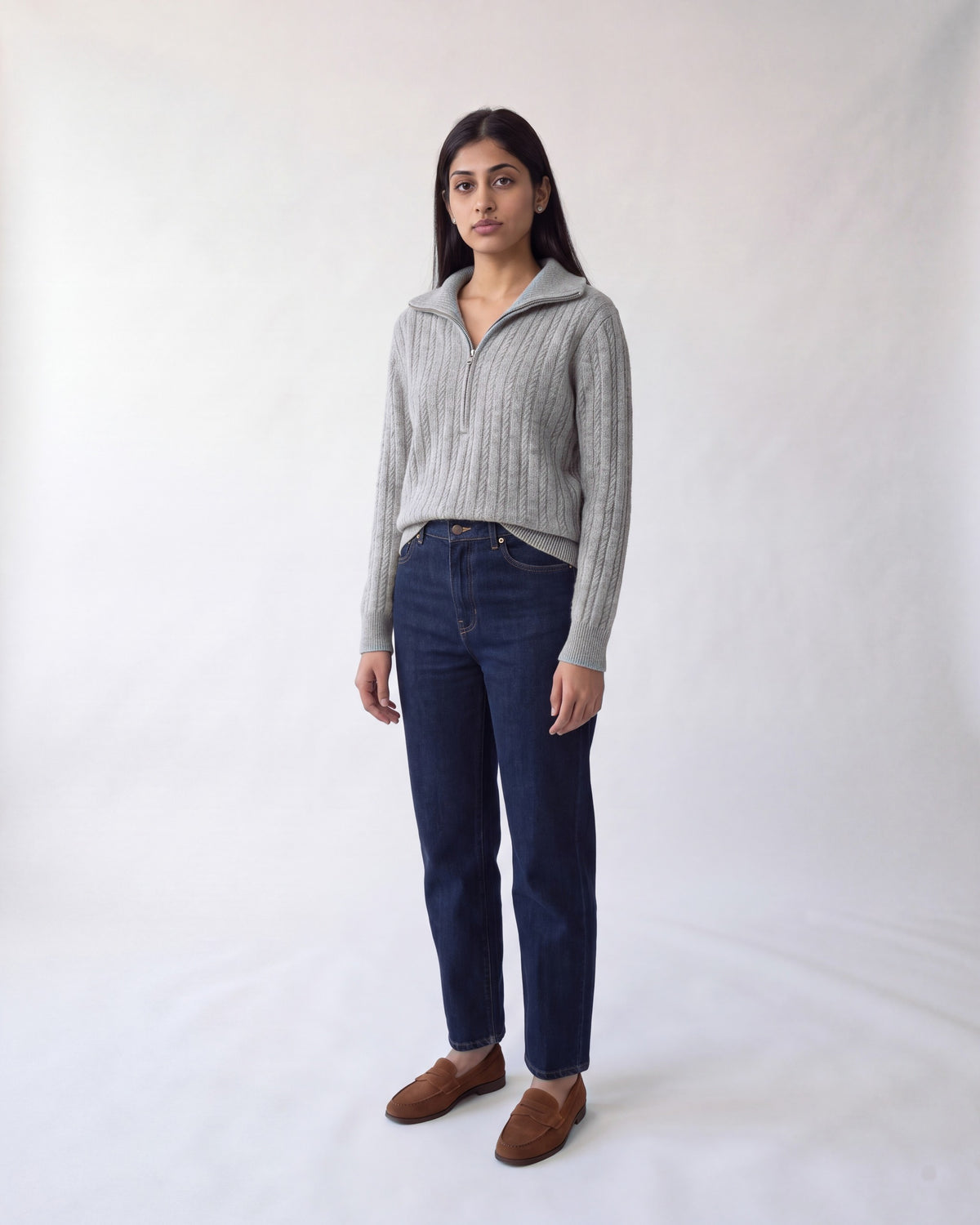 Cable knit jumper with half zip – Light Grey – full body front