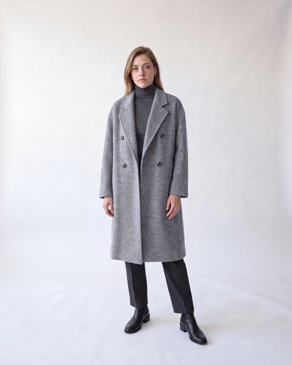 Double-breasted long wool coat – Grey – full body front