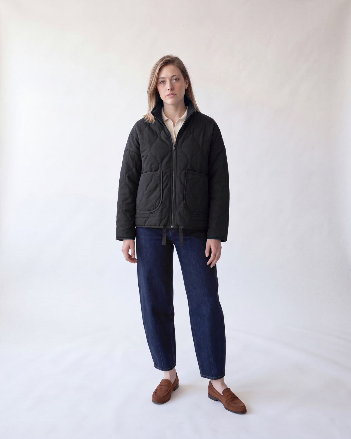 Quilted jacket with stand collar – Black – full body front