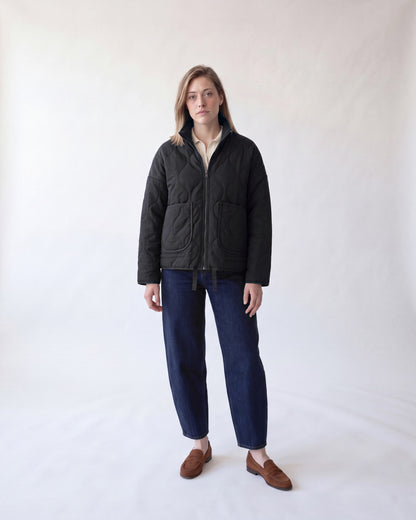 Quilted jacket with stand collar – Black – full body front
