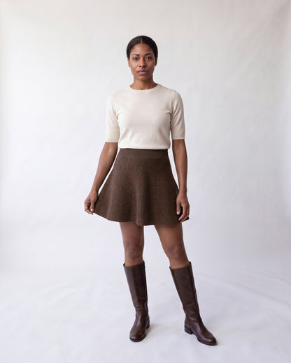 Knitted wool A-line mini skirt – Brown – full body front