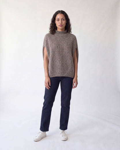 Sleeveless jumper in brushed wool blend – Taupe – full body front