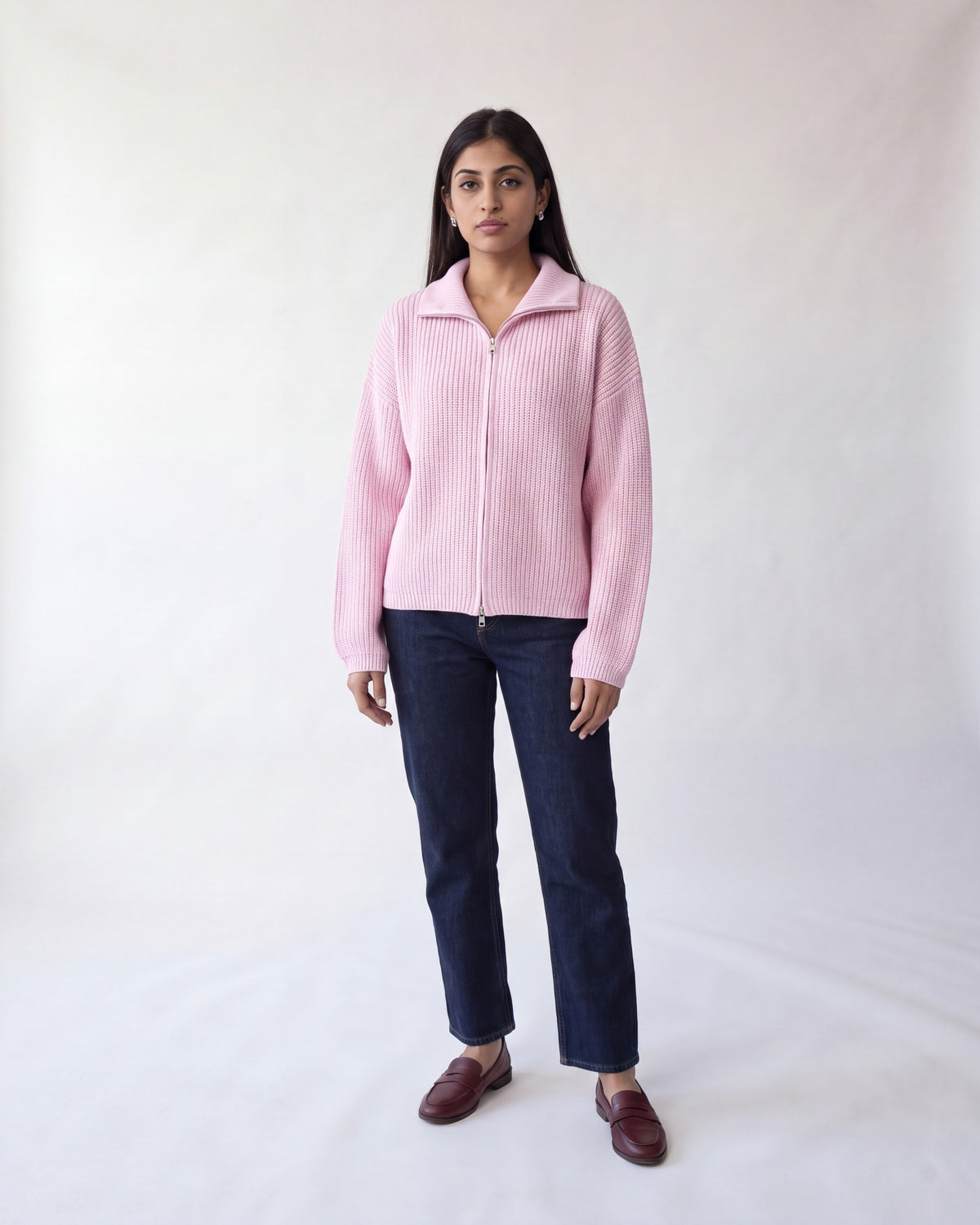Chunky rib zip-through cardigan – Pink – full body front
