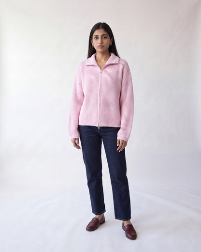 Chunky rib zip-through cardigan – Pink – full body front