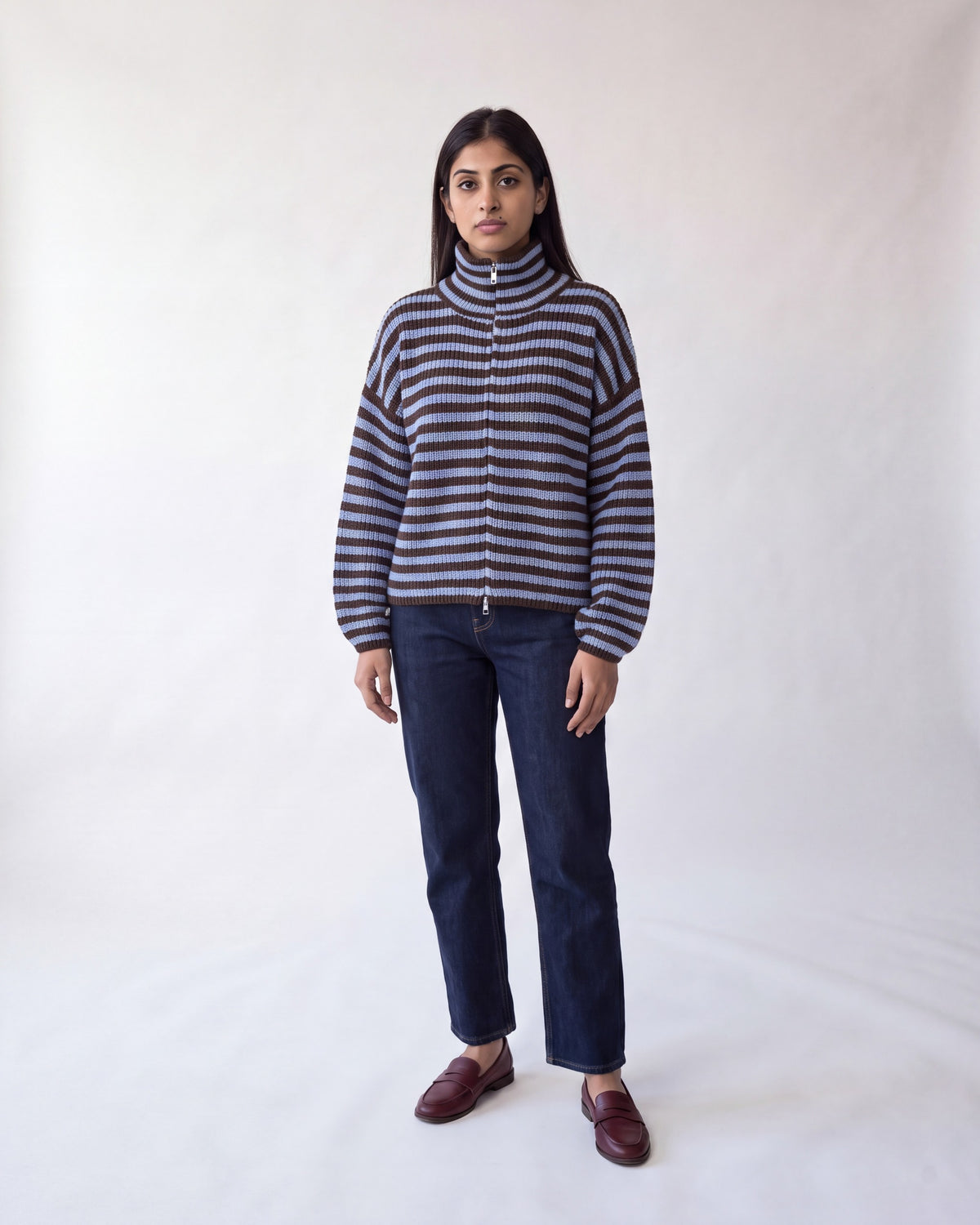 Chunky rib zip-through cardigan – Blue Stripe – full body front