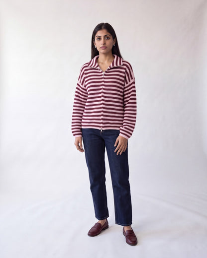 Chunky rib zip-through cardigan – Burgundy Stripe – full body front