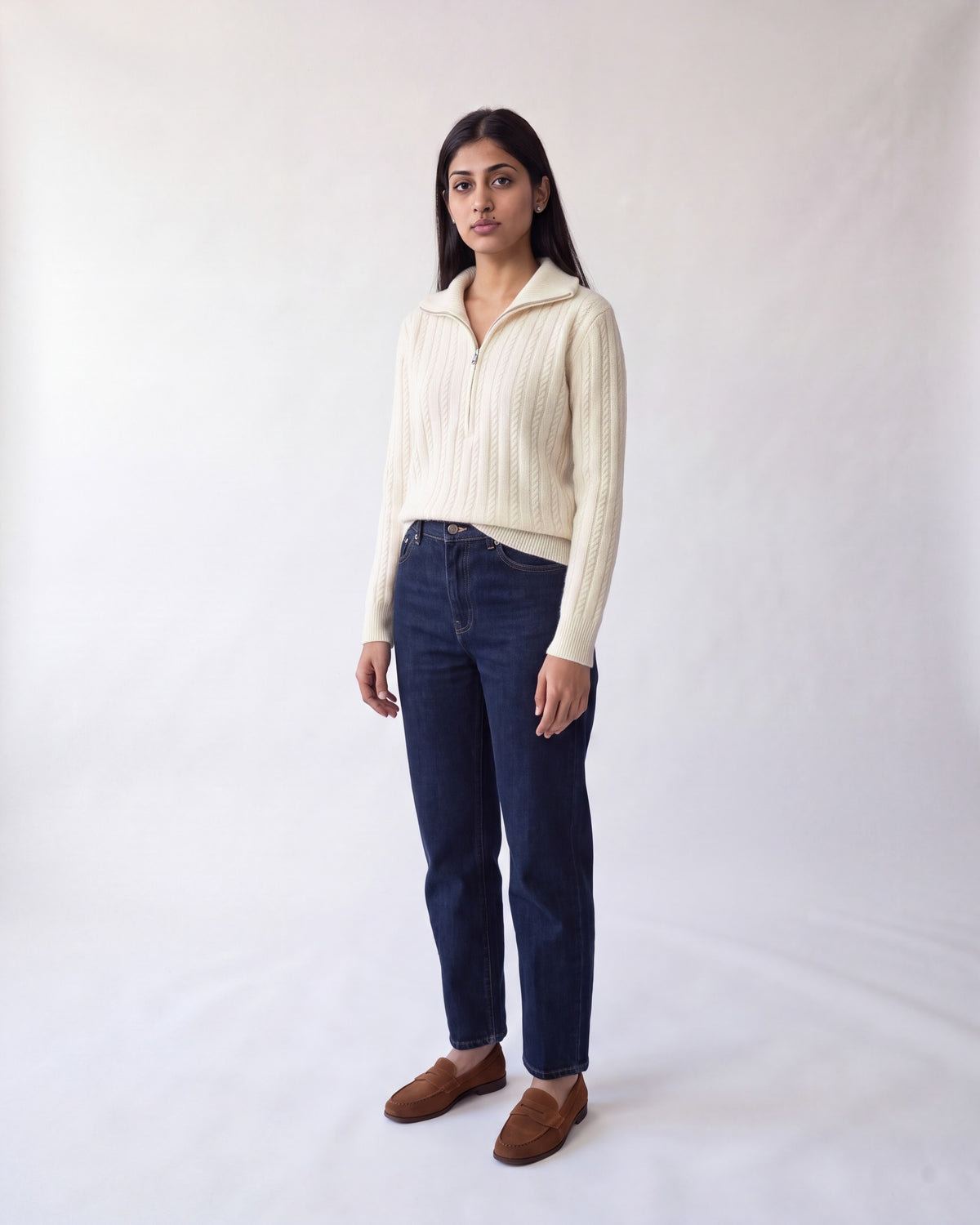 Cable knit jumper with half zip – Cream – full body front