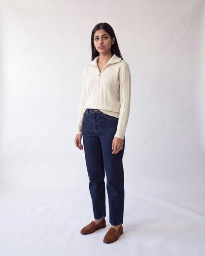 Cable knit jumper with half zip – Cream – full body front