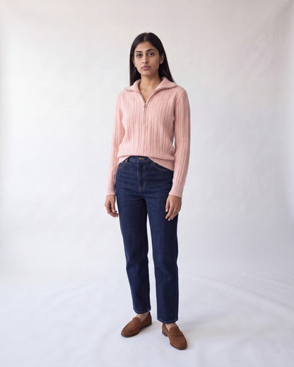 Cable knit jumper with half zip – Pink – full body front