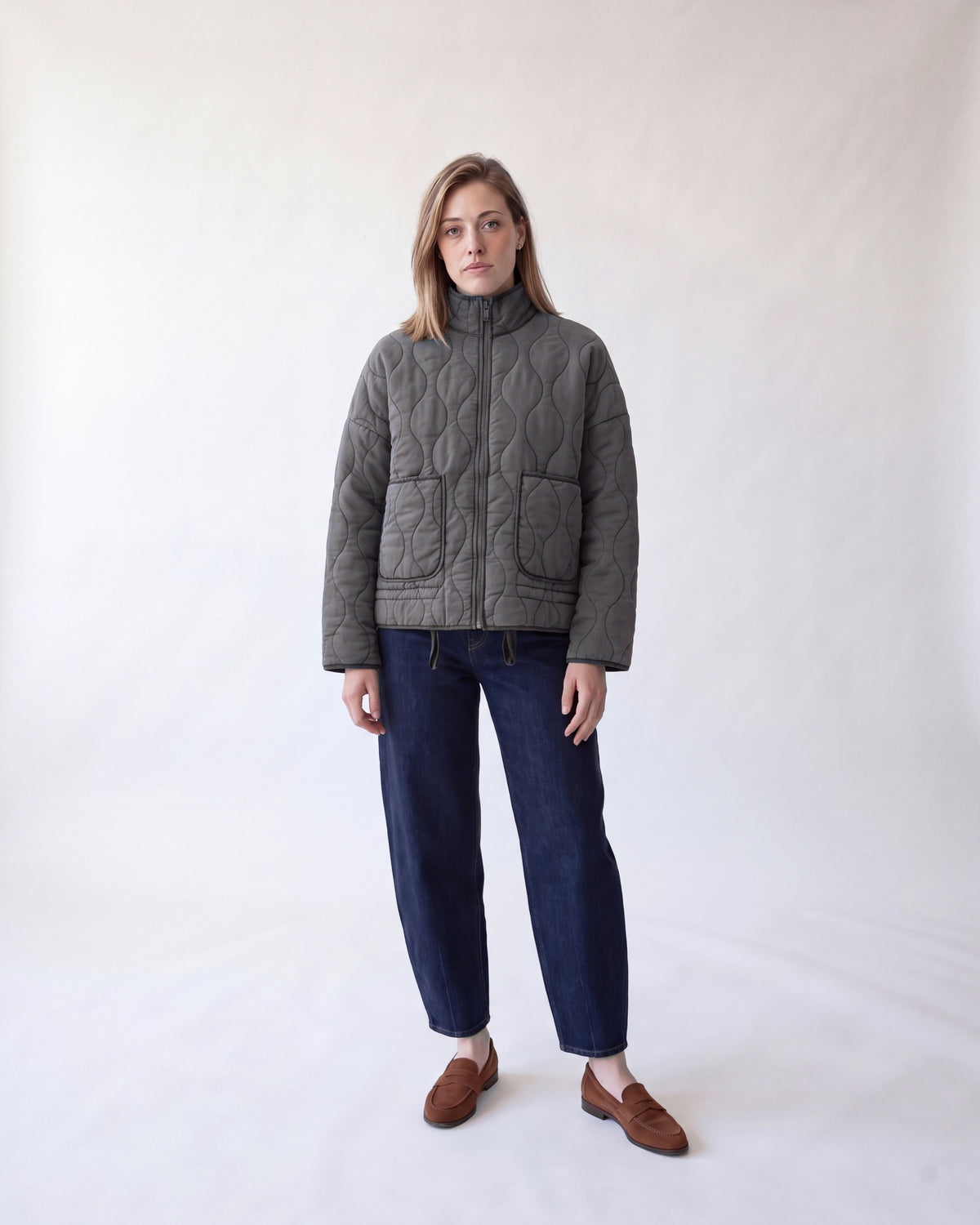Quilted jacket with stand collar – Grey – full body front