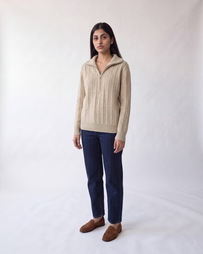 Cable knit jumper with half zip – Beige – full body front