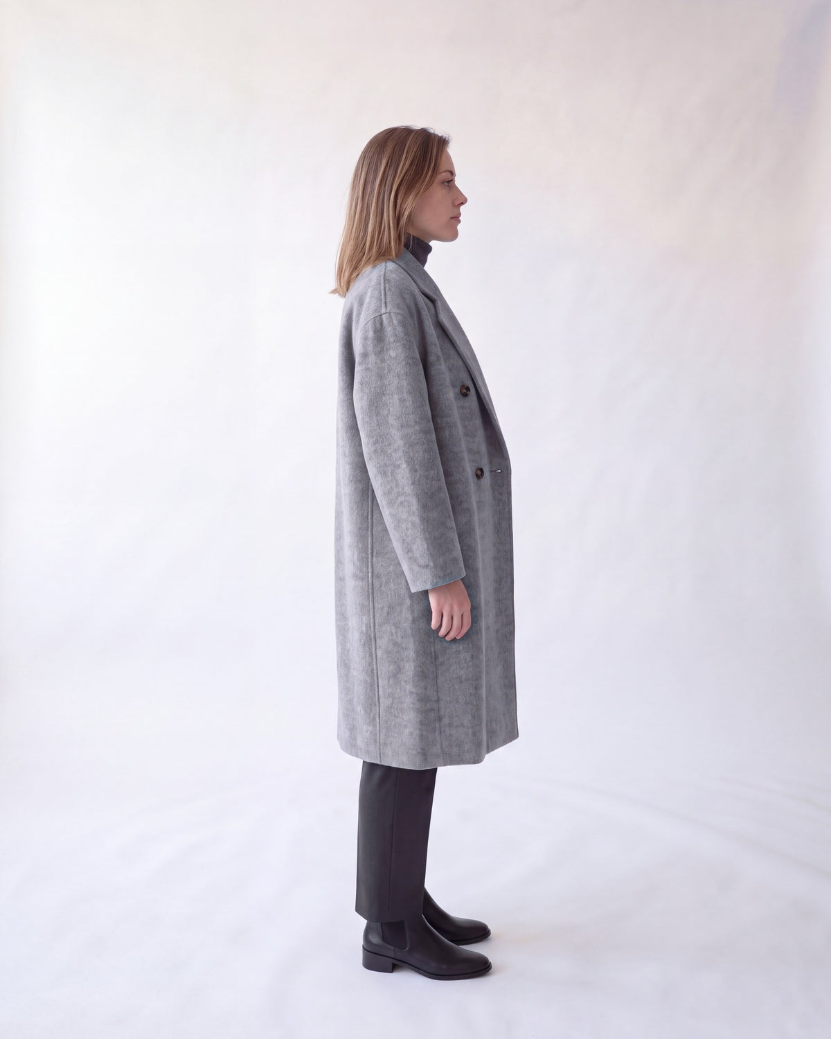 Double-breasted long wool coat – Grey – full body side