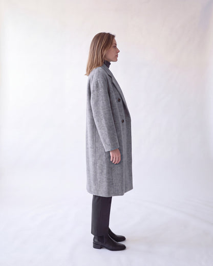 Double-breasted long wool coat – Grey – full body side