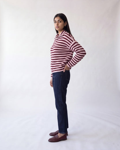 Chunky rib zip-through cardigan – Burgundy Stripe – full body side