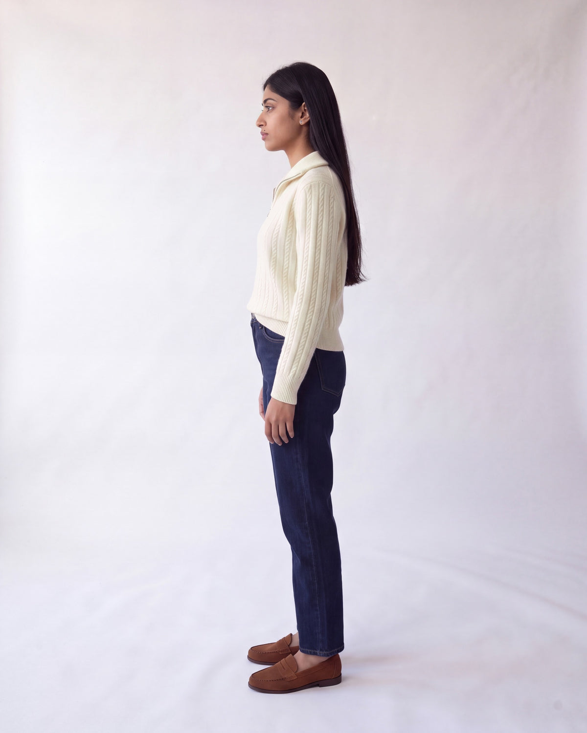 Cable knit jumper with half zip – Cream – full body side