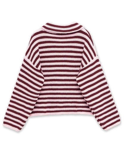 Chunky rib zip-through cardigan – Burgundy Stripe – product back