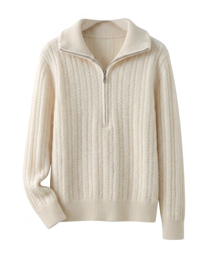 Cable knit jumper with half zip – Cream – product front