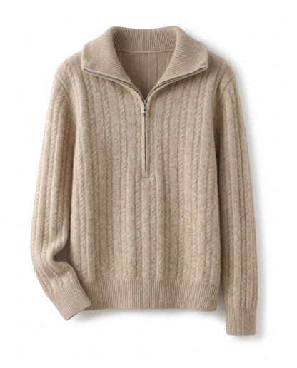 Cable knit jumper with half zip – Beige – product front