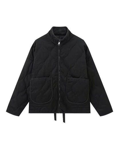 Quilted jacket with stand collar – Black – product front