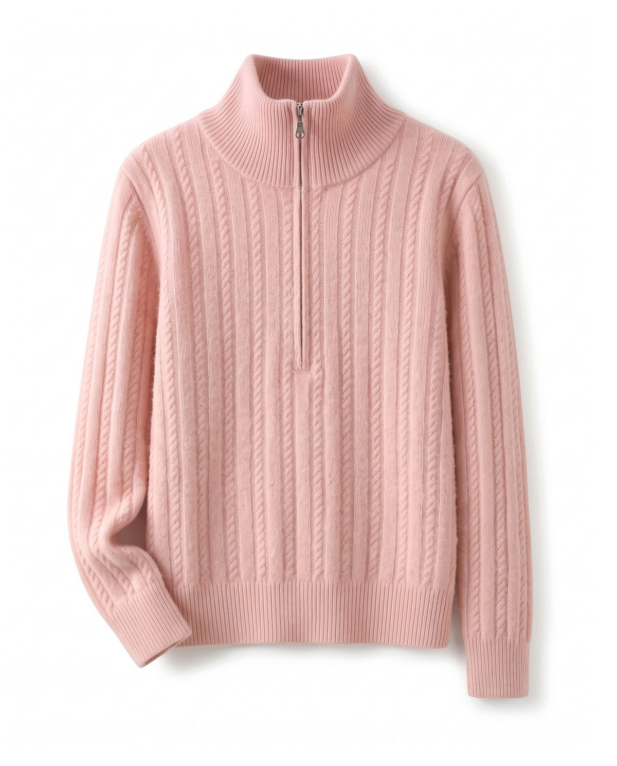 Cable knit jumper with half zip – Pink – product front