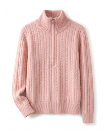 Cable knit jumper with half zip – Pink – product front
