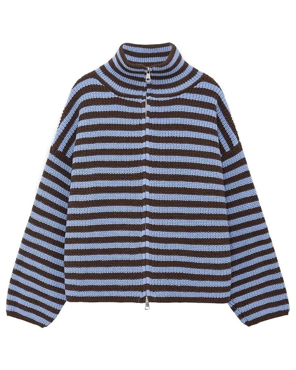 Chunky rib zip-through cardigan – Blue Stripe – product front