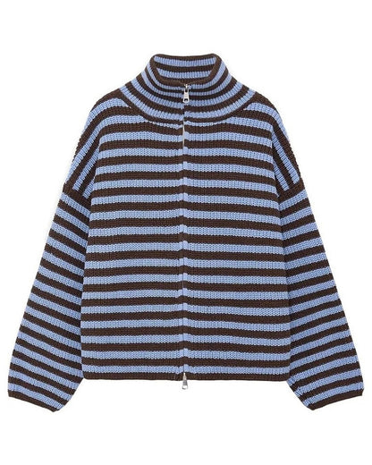 Chunky rib zip-through cardigan – Blue Stripe – product front