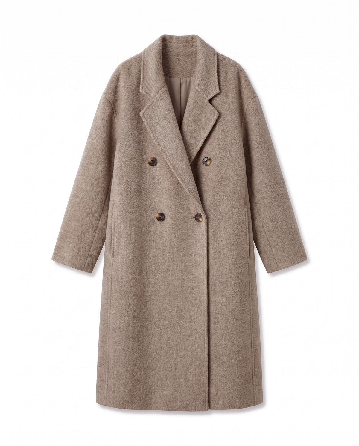 Double-breasted long wool coat – Taupe – product front