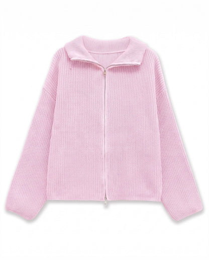 Chunky rib zip-through cardigan – Pink – product front