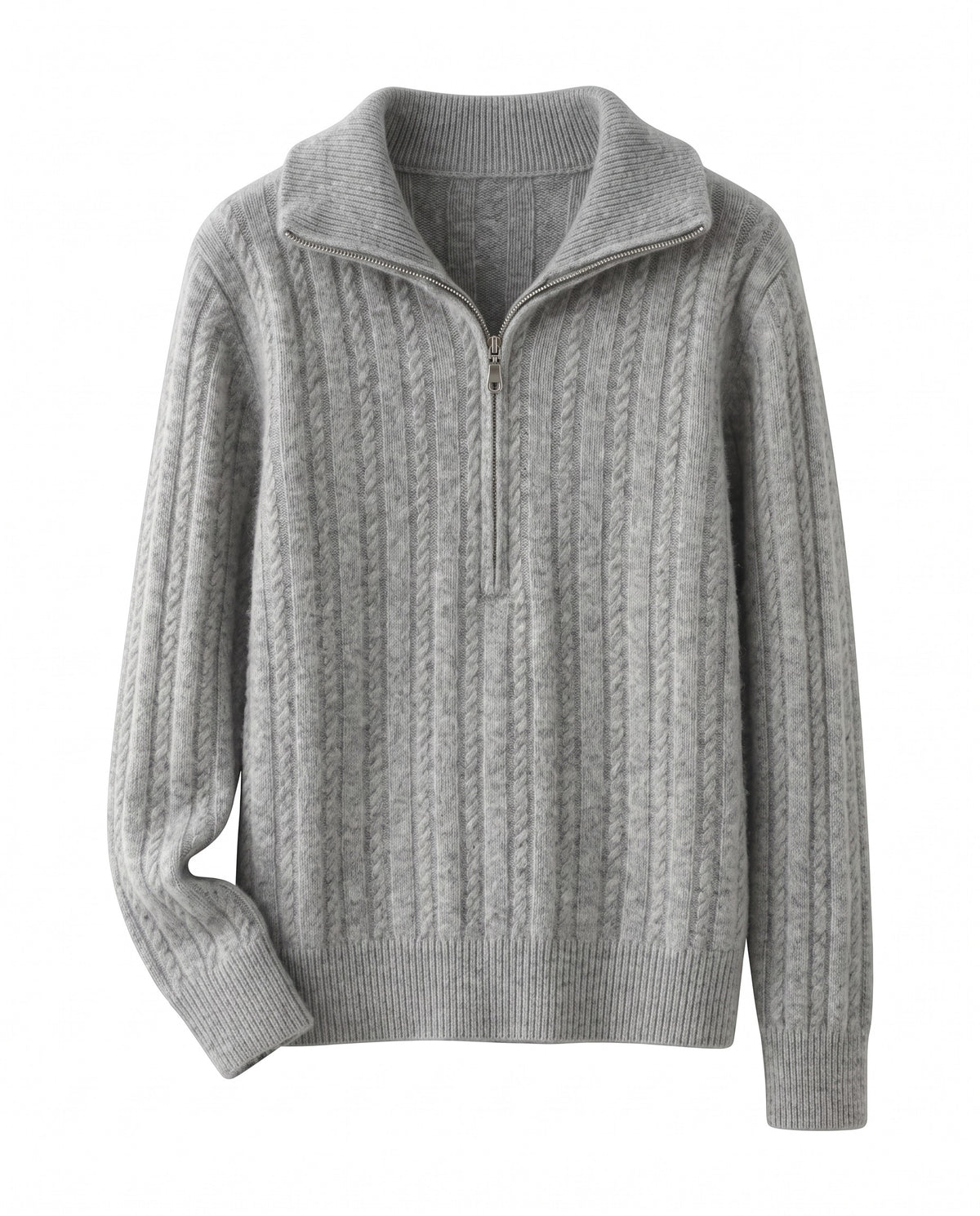 Cable knit jumper with half zip – Light Grey – product front