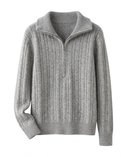 Cable knit jumper with half zip – Light Grey – product front